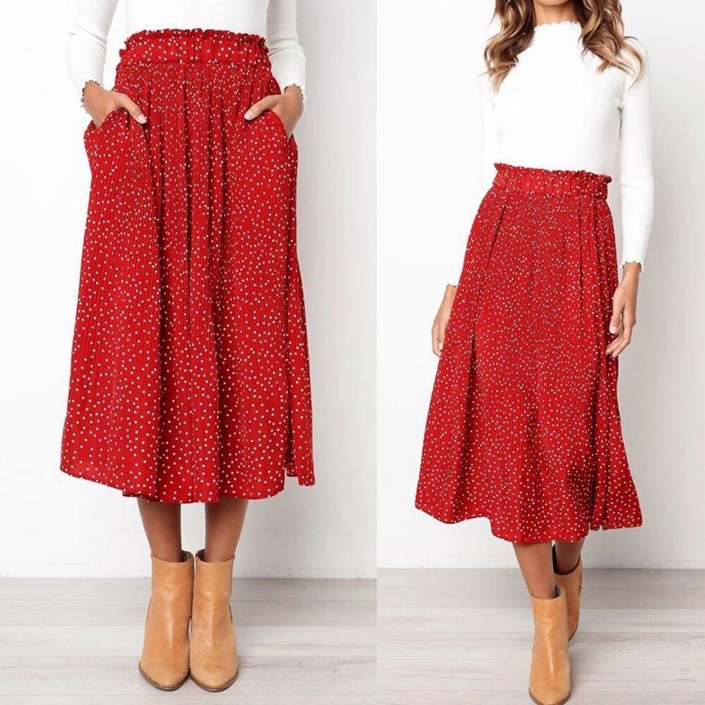 Exlura Women's Red Polka Dot Midi Skirt